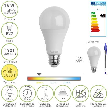 BOMBILLA LED STANDAR ROSCA E27 (GORDA) 16 WATT. EQUIVALE A 120 WATT. 1901 LUMENES. LUZ CÁLIDA (3.000º K) A+