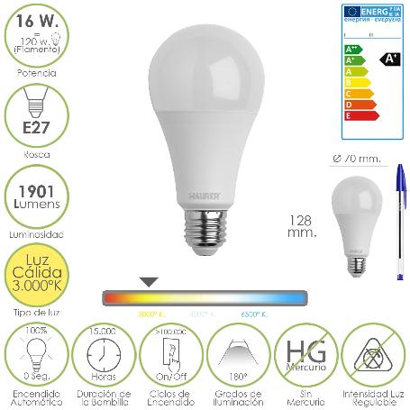 BOMBILLA LED STANDAR ROSCA E27 (GORDA) 16 WATT. EQUIVALE A 120 WATT. 1901 LUMENES. LUZ CÁLIDA (3.000º K) A+