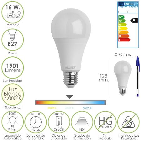 BOMBILLA LED STANDAR ROSCA E27 (GORDA) 16 WATT. EQUIVALE A 120 WATT. 1901 LUMENES. LUZ BLANCA (4.000º K) A+