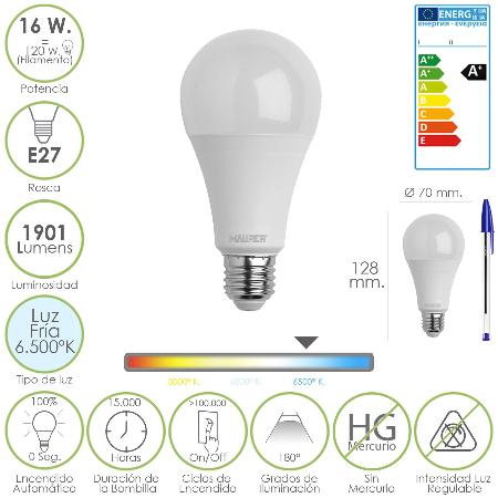 BOMBILLA LED STANDAR ROSCA E27 (GORDA) 16 WATT. EQUIVALE A 120 WATT. 1901 LUMENES. LUZ FRÍA (6.500º K)