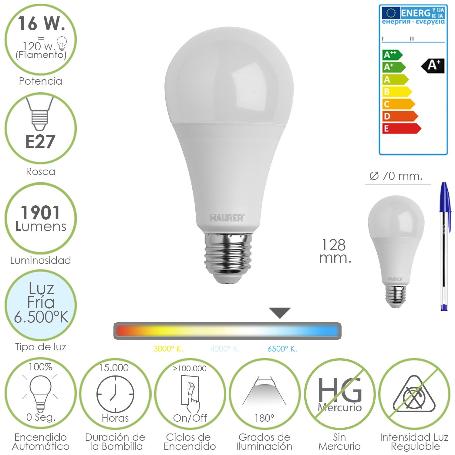 BOMBILLA LED STANDAR ROSCA E27 (GORDA) 16 WATT. EQUIVALE A 120 WATT. 1901 LUMENES. LUZ FRÍA (6.500º K)