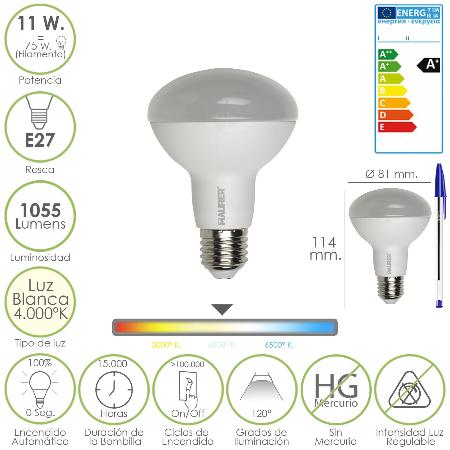 BOMBILLA LED STANDAR ROSCA E27 (GORDA) 11 WATT. EQUIVALE A 75 WATT. 1055 LUMENES. LUZ BLANCA (4.000º K) A+