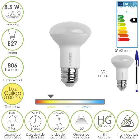 BOMBILLA LED STANDAR ROSCA E27 (GORDA) 8,5 WATT. EQUIVALE A 60 WATT. 806 LUMENES. LUZ CÁLIDA (3.000º K) A+