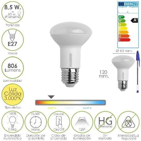 BOMBILLA LED STANDAR ROSCA E27 (GORDA) 8,5 WATT. EQUIVALE A 60 WATT. 806 LUMENES. LUZ CÁLIDA (3.000º K) A+