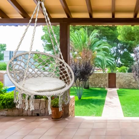 SILLA / BALANCIN COLGANTE EN ALGODON BEIGE CON COJIN INCLUIDO. IDEAL PARA JARDINES, TERRAZAS, BALCONES