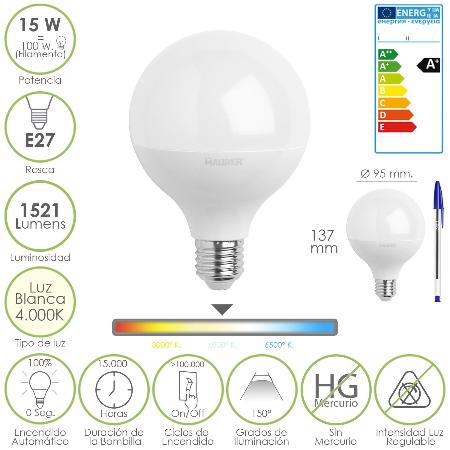 BOMBILLA LED GLOBO ROSCA E27 (GORDA) 15 W.  100 W. 1521 LÚMENES. LUZ BLANCA (4000 º K.)