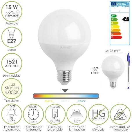 BOMBILLA LED GLOBO ROSCA E27 (GORDA) 15 W.  100 W. 1521 LÚMENES. LUZ BLANCA (4000 º K.)