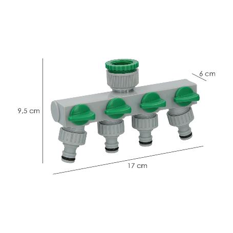 ADAPTADOR MANGUERA PLASTICO 3/4 - 1  4 VIAS, DISTRIBUIDOR 4 VIAS, DIVISOR MANGUERA, AJUSTE INDEPENDIENTE, TOMAS 1/2